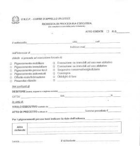 UNEP Lecce - richiesta di procedura esecutiva