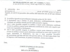 MODELLO UNEP Lecce dichiarazione ex art. 137, comma 7, c.p.c.